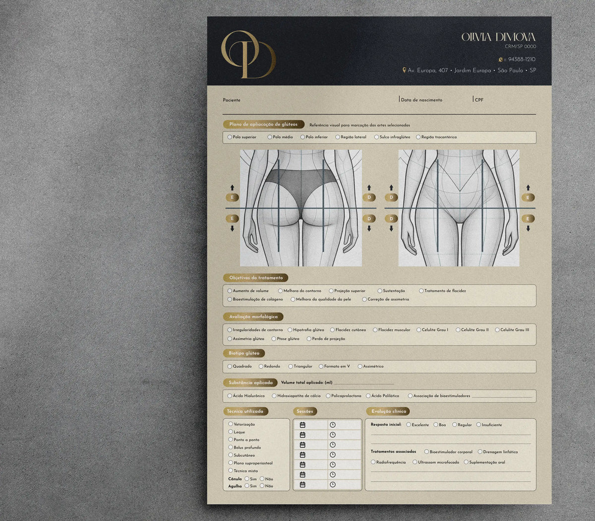 Ficha clínica de harmonização glútea para procedimentos corporais