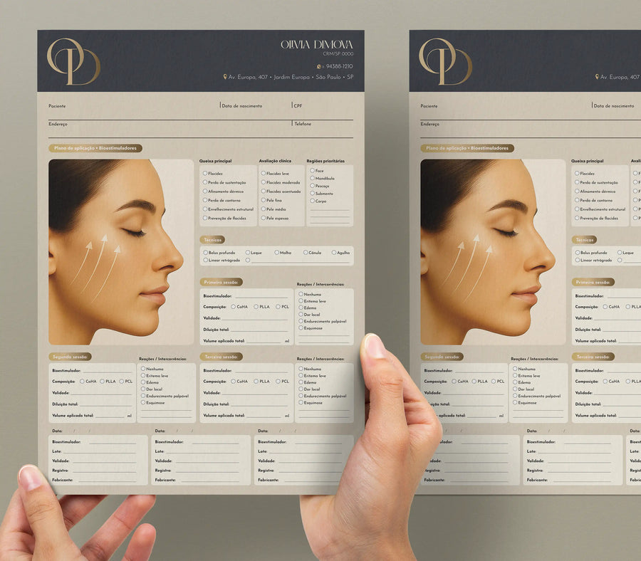Ficha clínica de bioestimulador de colágeno para estética facial e corporal