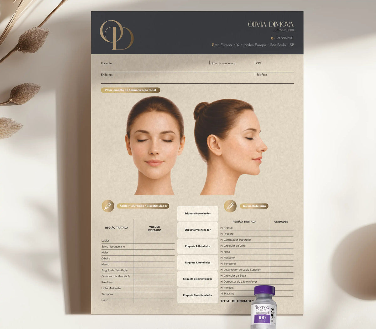 Ficha clínica de harmonização facial para planejamento de procedimentos estéticos